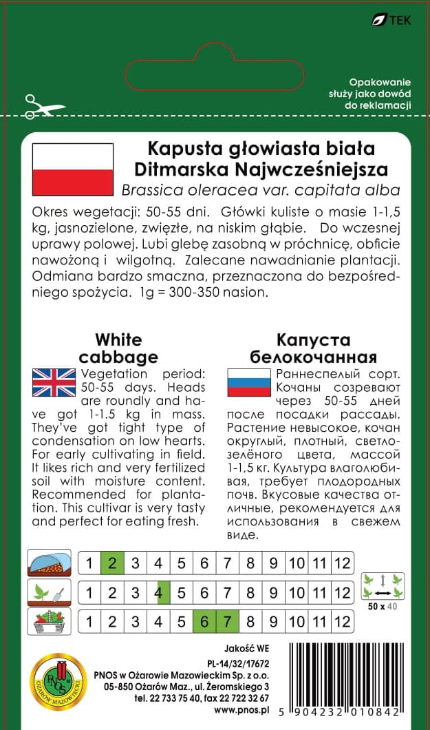 Kapusta głowiasta biała DITMARSKA NAJWCZEŚNIEJSZA 2g